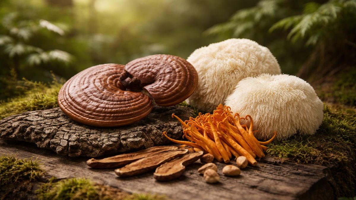 Vitální houby Reishi, Cordyceps a Hericium na přírodním dřevěném podkladu